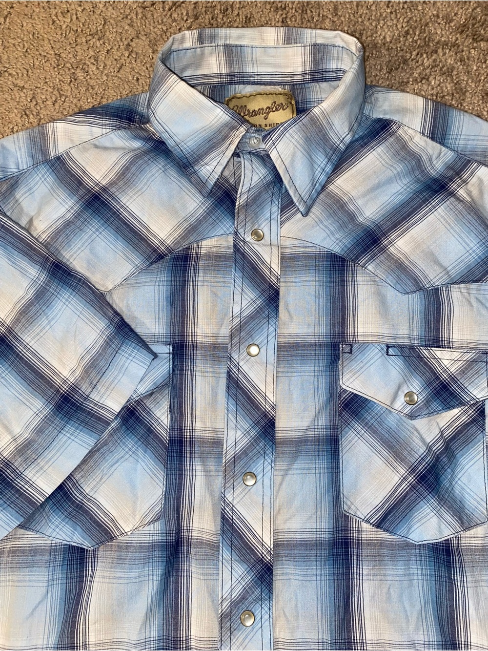 Wrangler Pearl Snap Mens Size Large Beach Blue Western Button Up Down Work Shirt